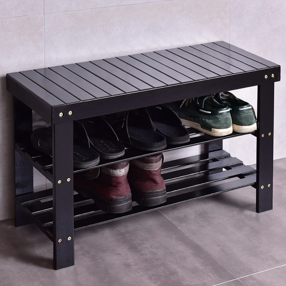 Goplus Multifunction Ottoman 3 Tiers Bamboo Shoe Rack Bench Storage
