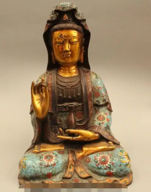 

song voge gem S6090 17" Chinese 24K Gold Bronze Gilt Cloisonne Seat Kwan-yin Guan Yin Goddess Statue