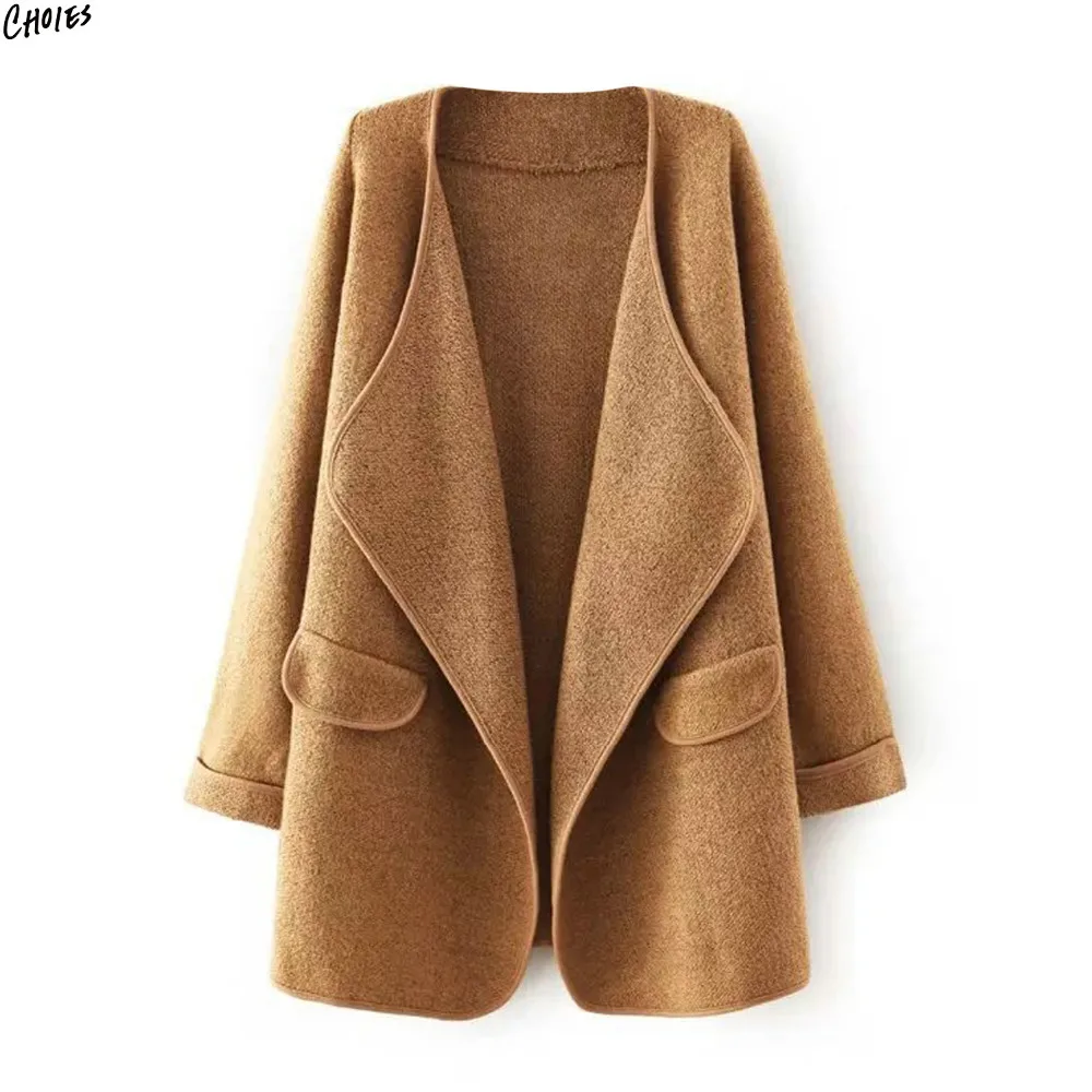 

2 Colors Wide Lapel Waterfall Front Chunky Knitted Cardigan Women Long Sleeve Pockets Simple Casual Longline Open Front Sweater