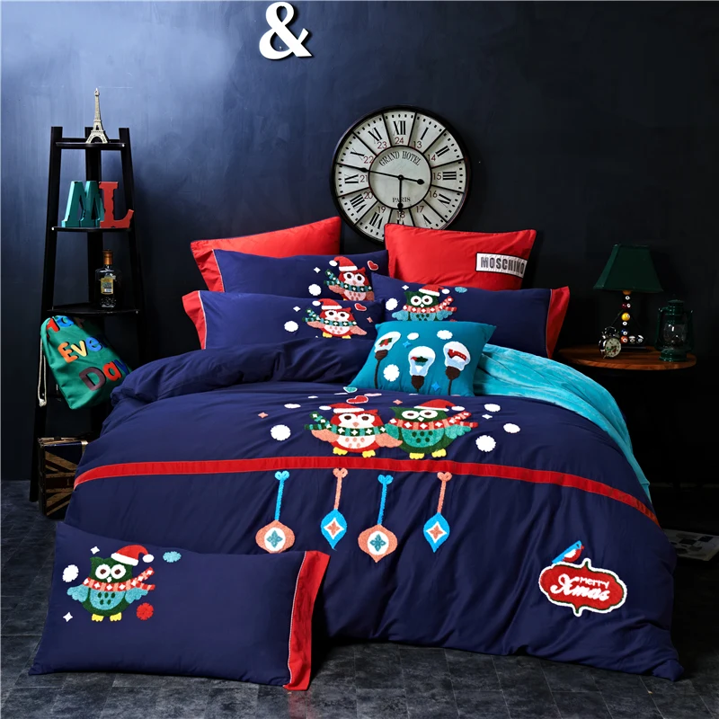 

4/5Pcs Egypt cotton Sanding cartoon owl Bedding Set Towel embroidery warm Duvet cover set Bed Sheet Pillowcases Queen King Size