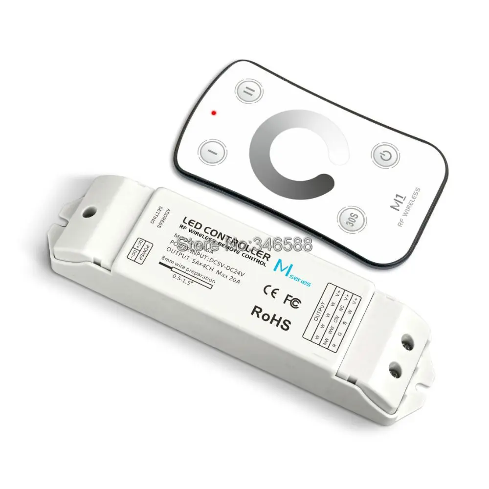 

M4-5A DC5-24V 5Ax4CH 20A Constant Voltage Receiving Controller + M1 RF Wireless Touch Remote Dimmer for Single Color LED Strips