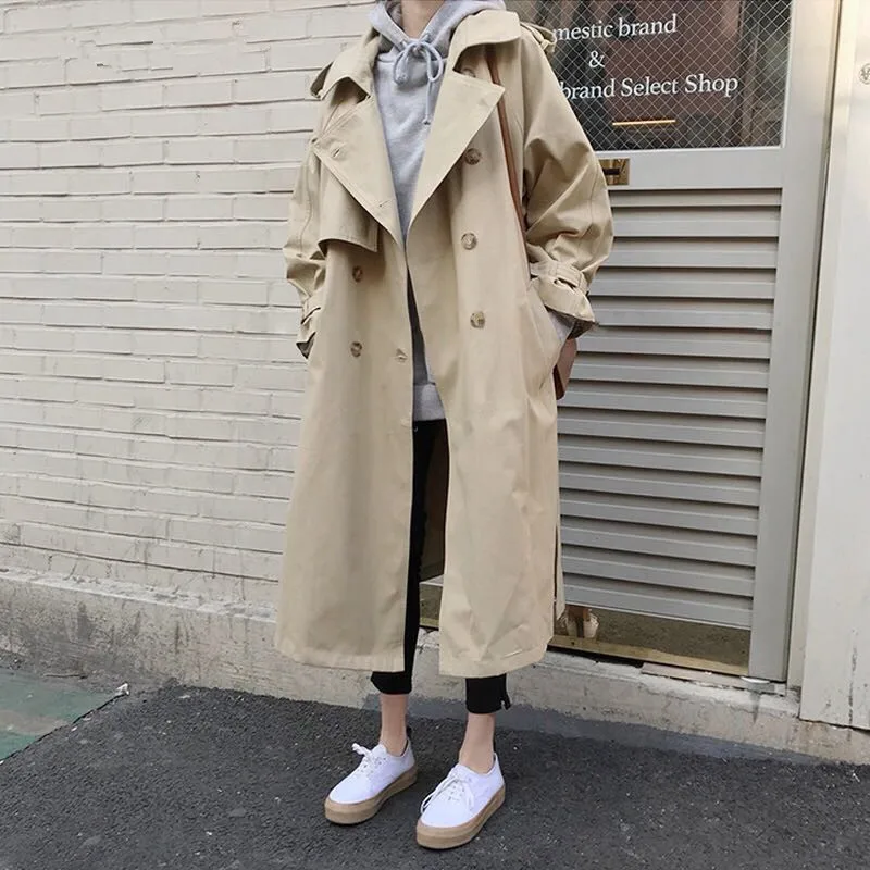 Korean Style Side Split Women's Trench Coat Autumn Winter Double Breasted Khaki Sahses Loose Trench Overcoat Windbreaker