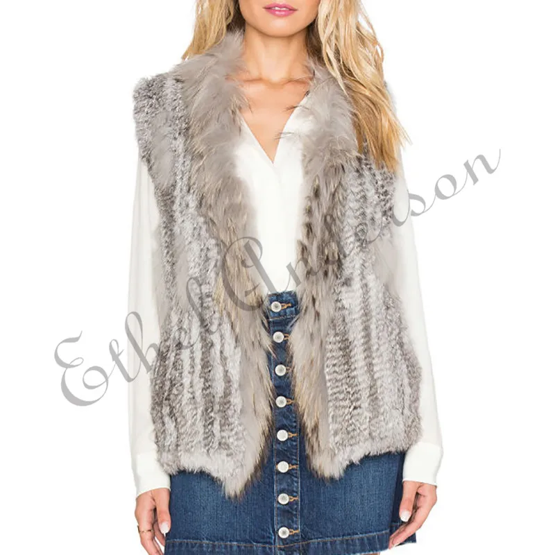 

ETHEL ANDERSON Women's Real Knitted Rabbit Fur Vest/Gilet Chic Raccoon Fur Collar Short Waistcoat Highly Recommend Coat Jacket