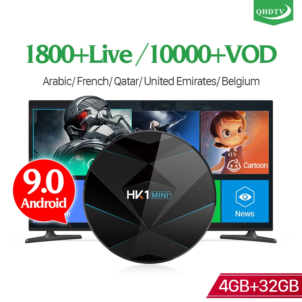 

Arabic France IPTV 1 Year QHDTV Box HK1 MINI+ 4G+32G Android 9.0 BT USB3.0 Dual-Band WIFI IPTV France Arabic QHDTV Subscription