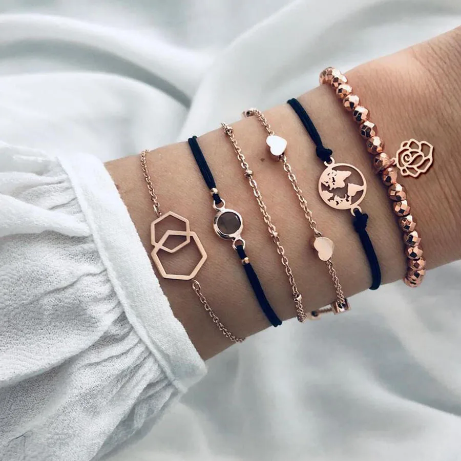 

Veigar Bohemian Black Beads Chain Bracelets Bangles for Women Fashion Heart Compass Gold Color Chain Bracelets Sets Jewelry Gift