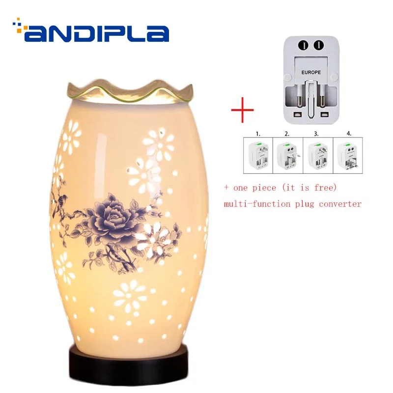 

220V Modern Bedside Night Lamp Ceramic Flower Pattern Dimming Light Decoration Incense Burner Essential Oil Aromatic Stove Art