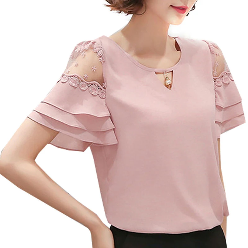 Mujeres tops hombro campana manga blusas camisas de gasa blusa de manga corta camisa rosa - AliExpress Ropa de mujer