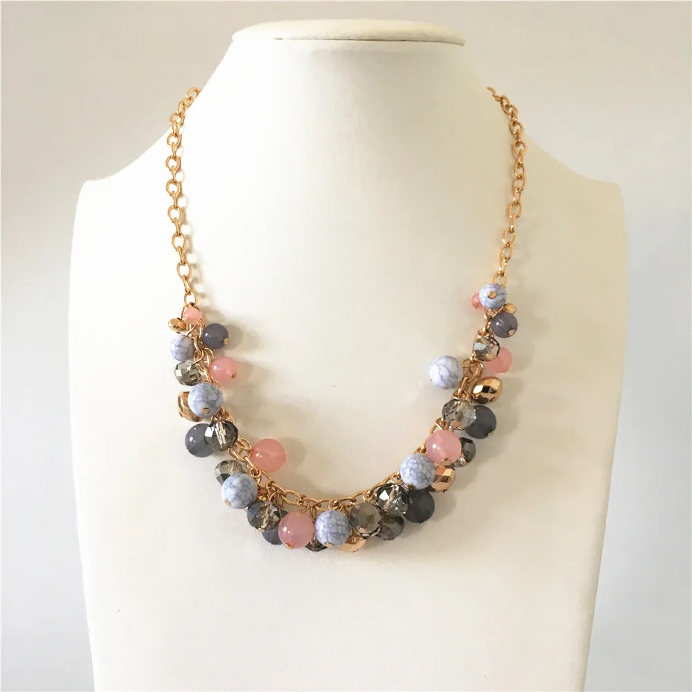 

OFFICE LADY GOLD COLOR PLATING MARBLE BALL ACRYLIC BALL DANGLE AROUND NECKLACE FOR WOMEN