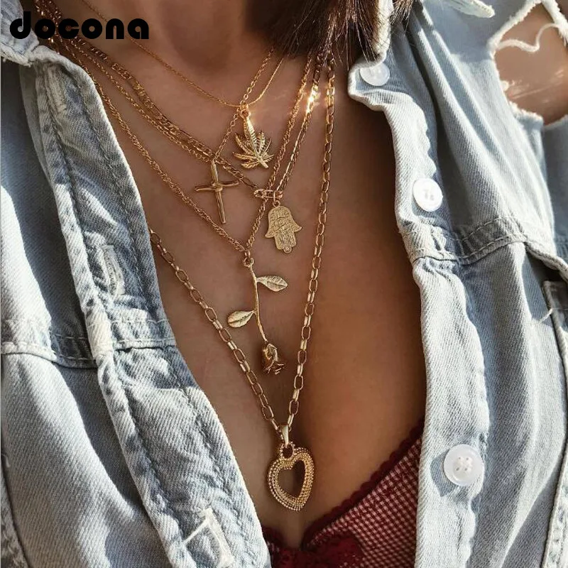 

Docona Women Vintage Long Chain Gold Color Leaf Cross Rose Flower Heart Pendant Multi Layer Boho Party Choker Jewelry D06402