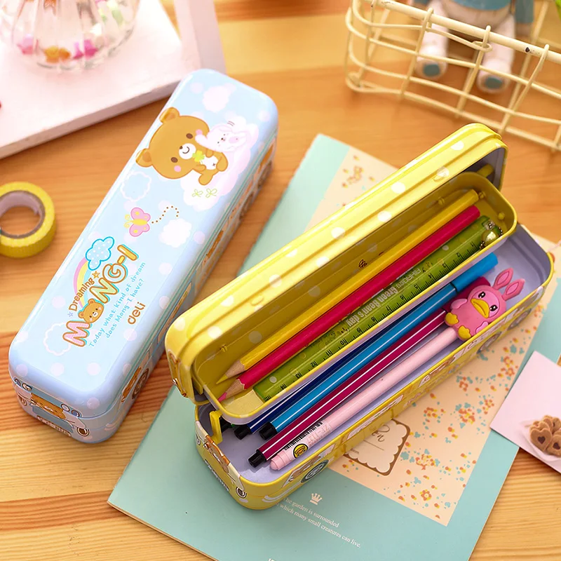 1 Pc Metal Pencil Case Cartoon Bus Gift For Kids Students 3 Floors