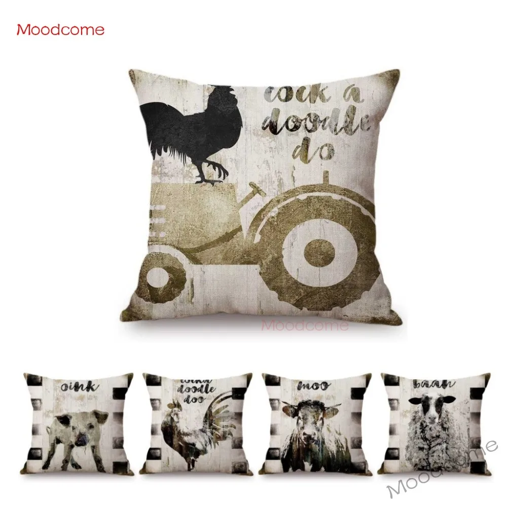 Vintage Farm Animals Rooster Cow Pig Sheep Home Decorative Sofa Throw Pillow Cover Sweet Farm Retro Cotton Linen Cushion Cover