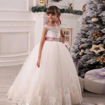 

First Communion Dresses for Girls Ball Gown Bow Sleeveless Lace Up O-Neck Ankle Length Glitz Pageant Dresses for Little Girls