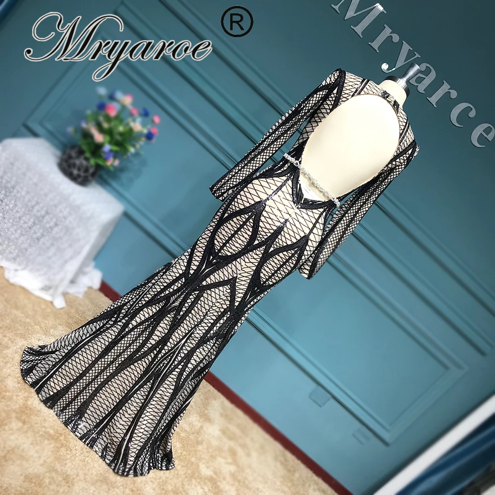 

Mryarce Sexy Open Back Evening Gowns Long Sleeve Stretchy Striped Sequin Sparkled Black Mermaid Formal Dress