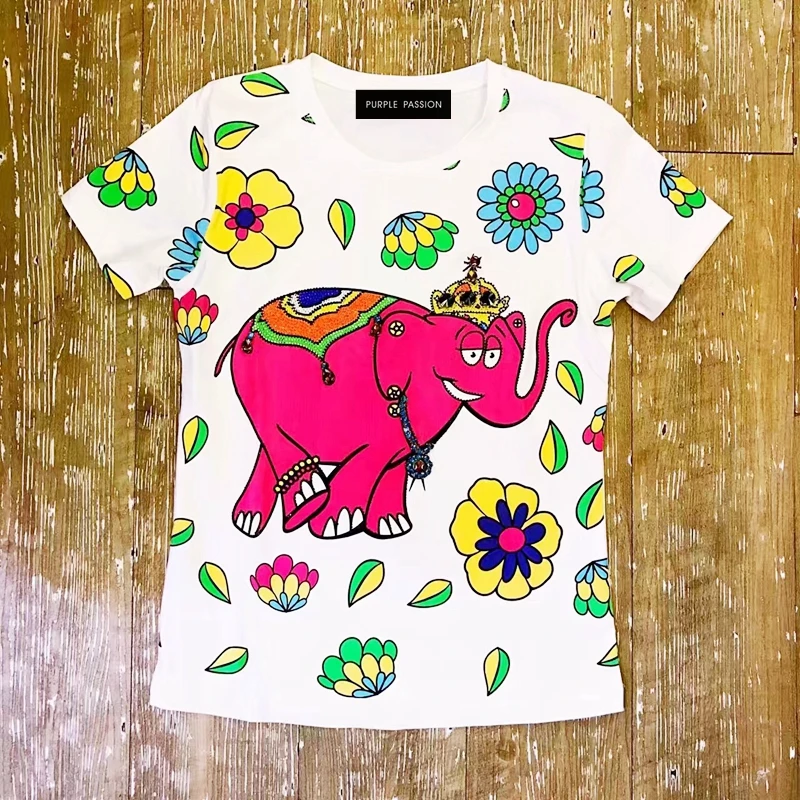 

2017 women's set auger printing color elephant cartoon short sleeve T-shirt