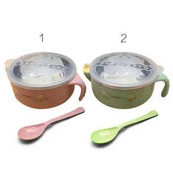 

Stainless Steel Baby Dishes Bowl Portable Children's Tableware Insulation Anti-hot Rice Soup Single Handle Bowl Cartoon g