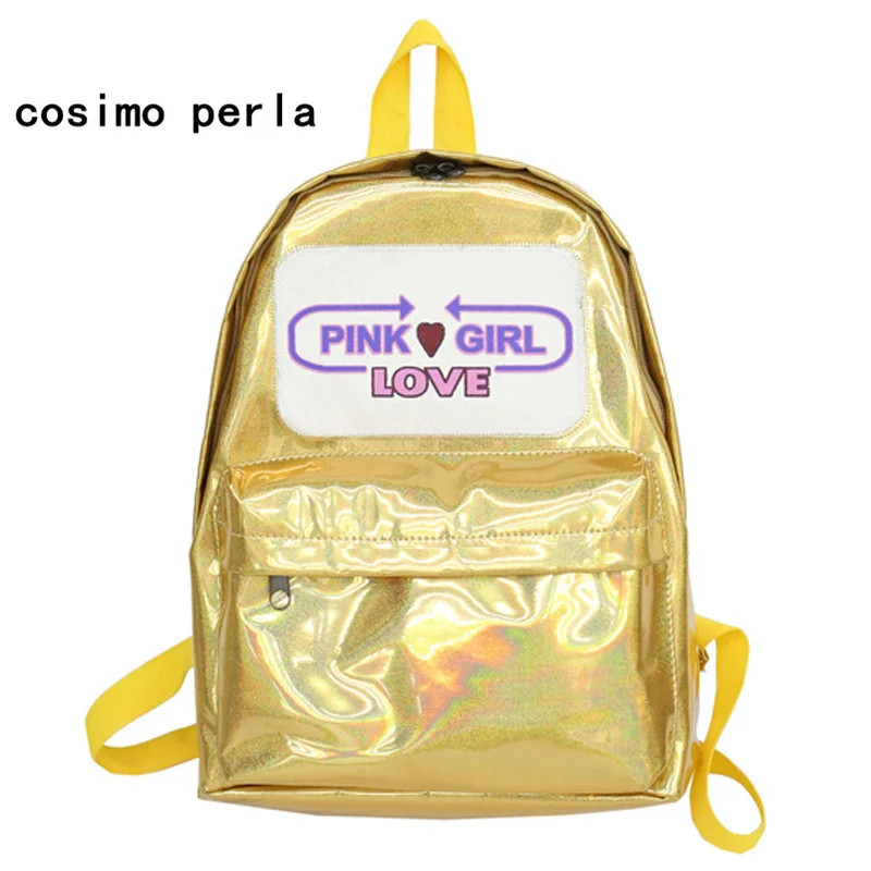 

Pink Silver Gold Laser Backpack Women 2019 Holographic Letters PU Leather Bagpack Japan Style School Backpacks for Teenage Girls