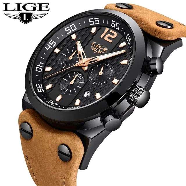 

LIGE Mens Watches Top Brand Luxury Men's Military Waterproof Quartz Watch Men Sport Leather Chronograph Relogio Masculino+Box