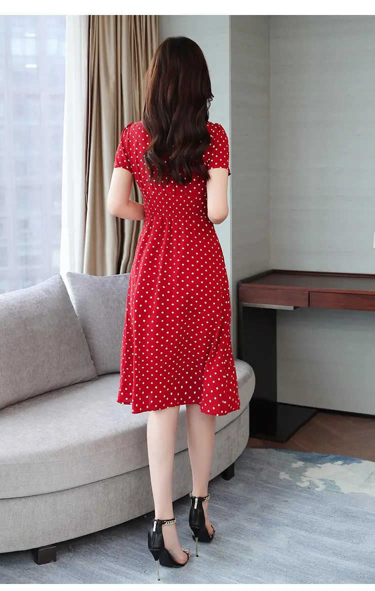 Летнее винтажное шифоновое сексуальное платье-рубашка миди с v-образным вырезом корейское женское элегантное облегающее платье в горошек богемный пляжный сарафан вечерние красные платья