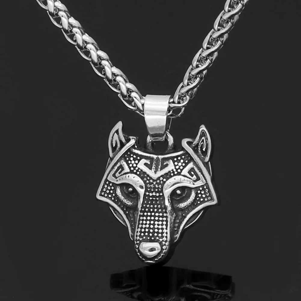 

Stainless steel Nordic Viking Norse Small amulet rune Wolf Head Necklace for women with valknut gift bag