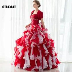 SHAMAI цвет красного вина с белыми оборками бальные платья Quinceanera платья для женщин бисер Свадебная вечеринка платья с куртка с коротким