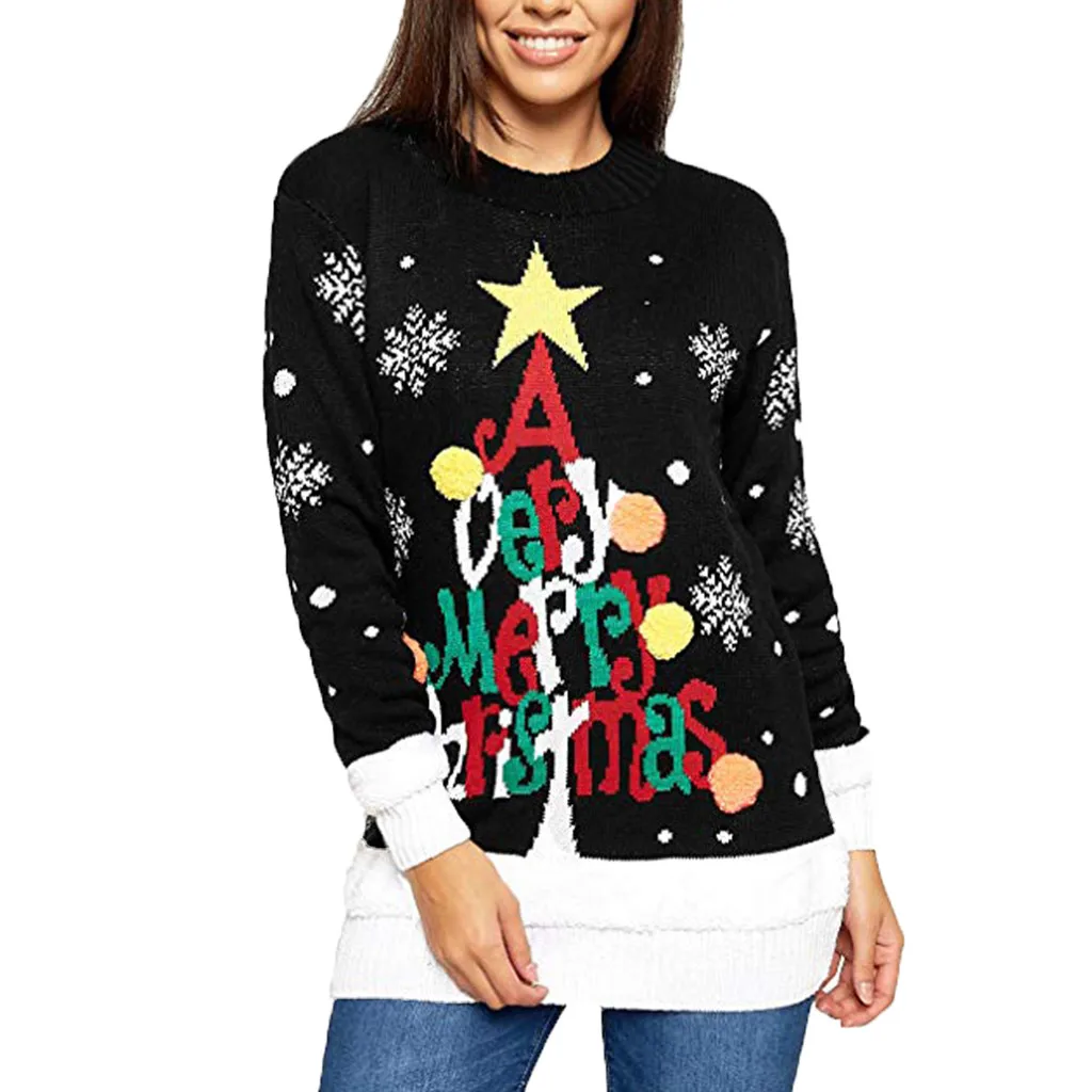 

Women Christmas Deer Warm Knitted sweater O-Neck Long Sleeve Sweater Jumper Top Blouse Casual fluffy winter clothes women