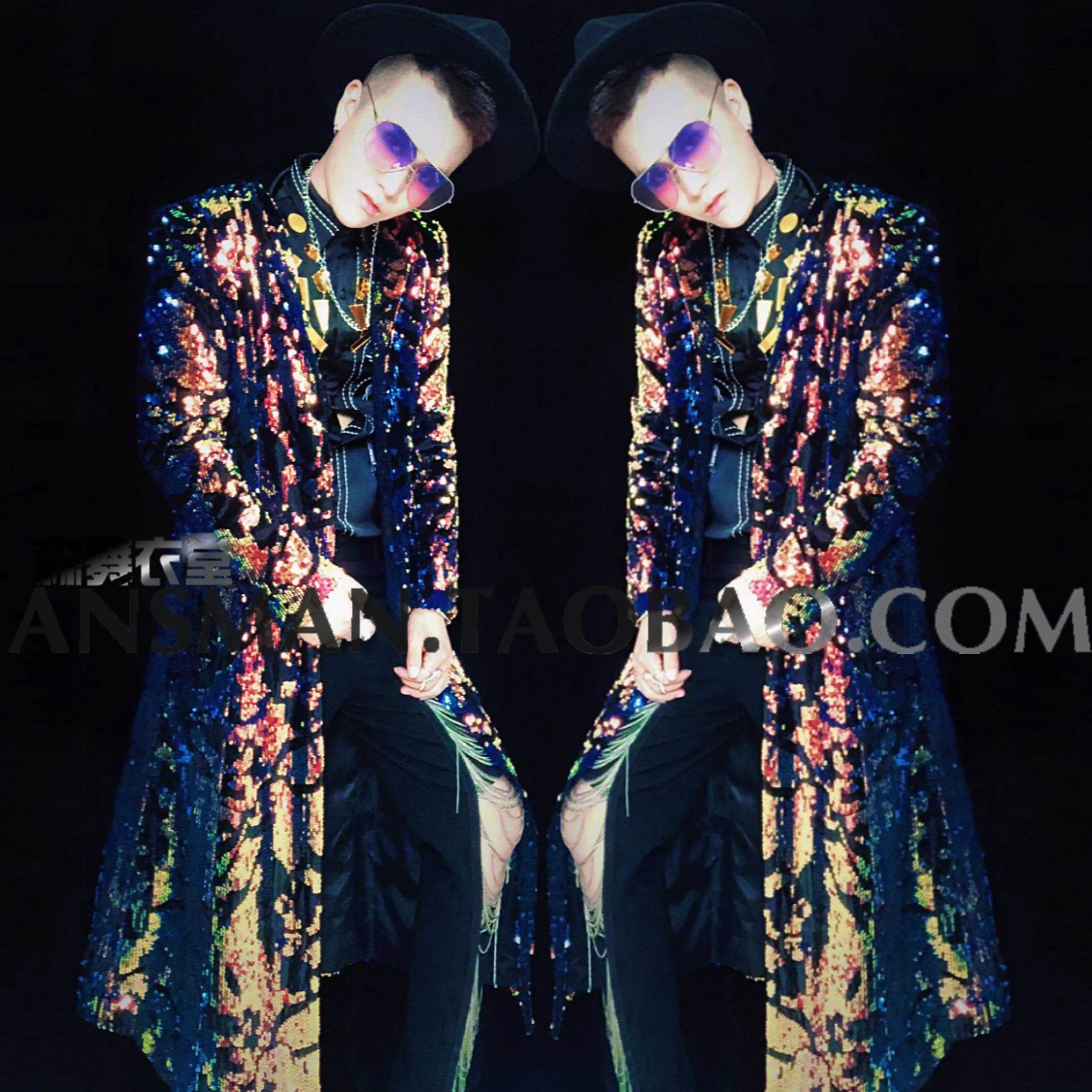 

2019 new singer DJ nightclub stage personality tide male illusion long umbrella coat singer costume men fashion slim long coat