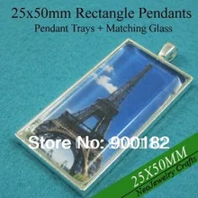 25x50 мм Серебряный прямоугольный кулон настройки, подвеска заготовка для ювелирных изделий+ подходящее стекло для DIY Прямоугольная оправа для фотоподвески