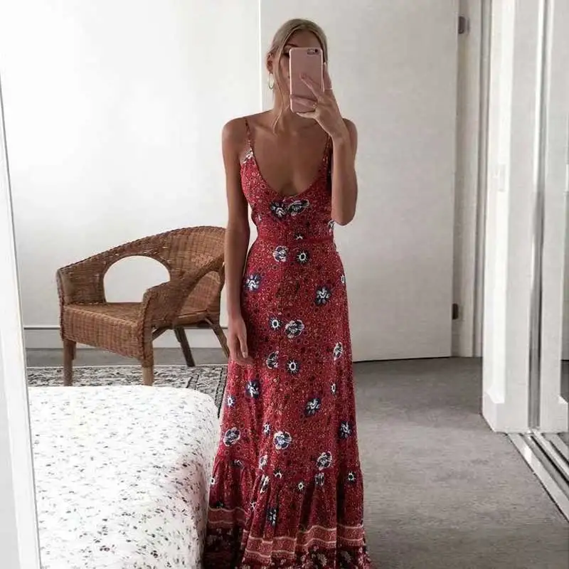 

KHALEE YOSE Floral Print Red Boho Summer Women Maxi Dresses V-neck Backless Sexy Bohemian Chic Beach Strappy Long Dresses 2019