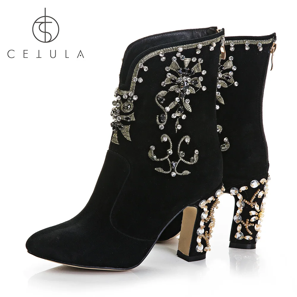 

Cetula 2018 Handcrafted Gold Floral Embroidery Ft. Diamonds Suede Female Ankle Boots Yellow Crystals & Diamonds Block Hi-Heel