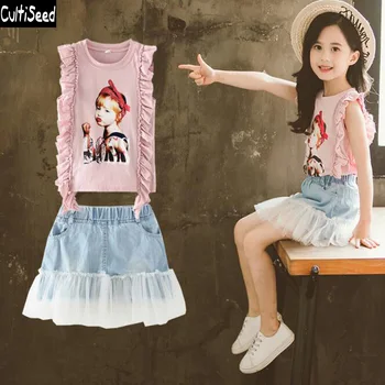 

Cultiseed Girl Summer Dress Sets Clothing Big Children Cartoon Princess Girl Print T-Shirt+Jeans Dress 2pcs Set Kids Cute Dress