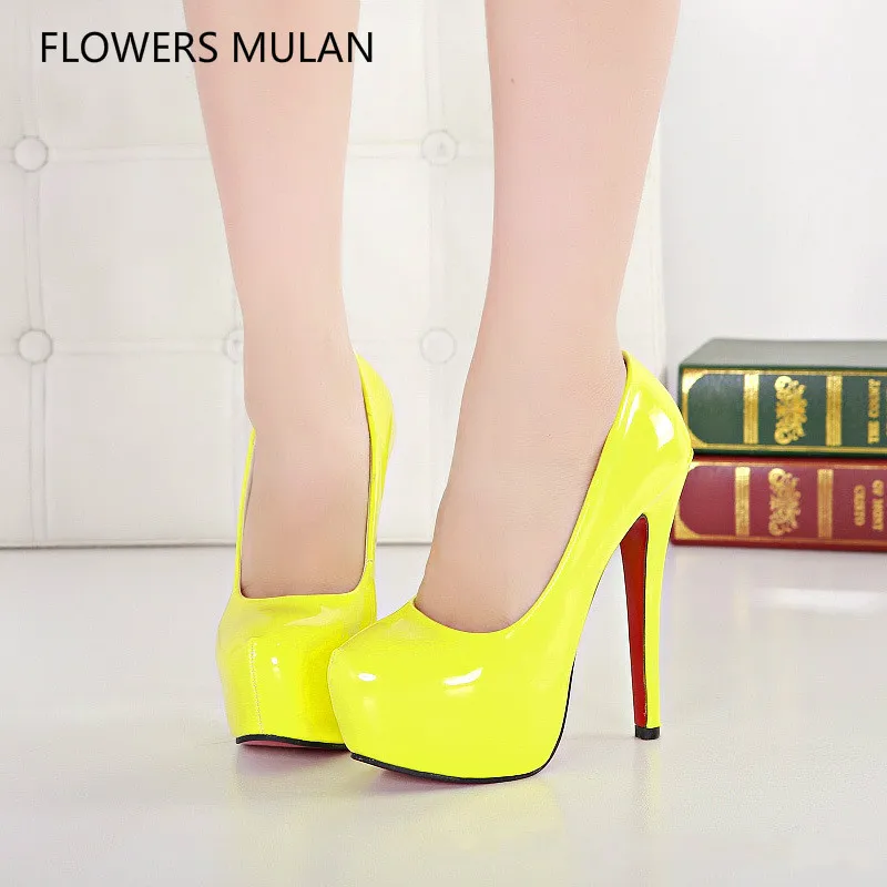 

Spring New Luxury Patent Leather Upper Super High Heels Platform Shoes Woman Pink Yellow Black White Red Pumps Wedding Shoe Girl