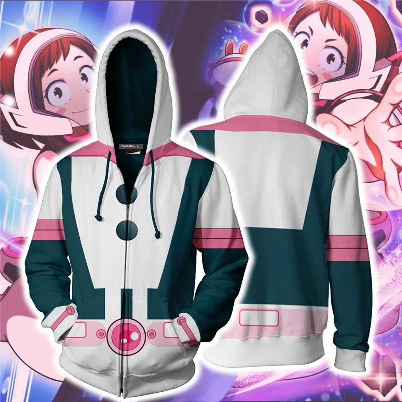 

Anime My Hero Academia Hoodie OCHACO URARAKA Cosplay Costume 3D Print Zipper Jackets Sweatshirts 5XL