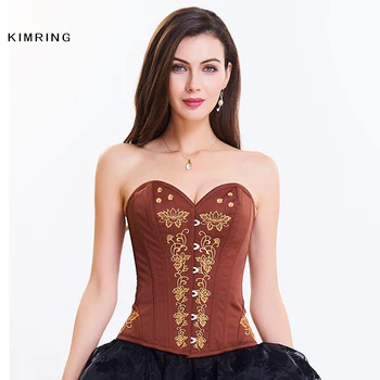

Kimring Brocade Brown Bustiers Corsets Retro Gothic Overbust Corset Top Burlesque Steel Boned Waist Cincher Corset and Bustiers