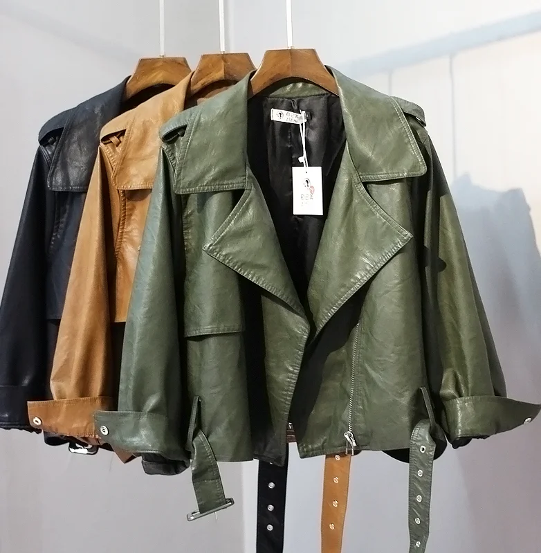

2019 Spring and Autumn New Women's Long Sleeve Turn Down Collar Motorcycle Faux Leather Jacket Ladies Big Size Loose Pu Coats