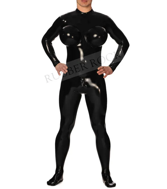 

Latex inflatable breast catsuits Latex Rubber Cross-Dressing Bodysuit Black Latex Jumpsuit Back Zipped