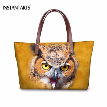 

INSTANTARTS Stylish Women Shopping Tote Bags Tavel Brand Female Handbags Cute 3D Animal Owl Face Print Large Beach Shoulder Bag
