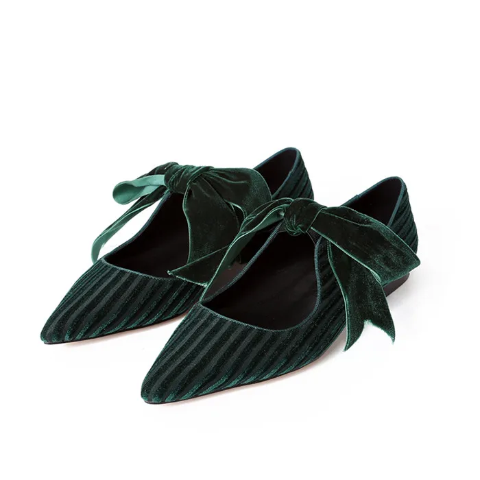Meotina/Коллекция года; бархатные туфли; женские балетки на плоской подошве; Туфли Мэри Джейн с бантом; весенние женские туфли с острым носком; обувь на плоской подошве; Цвет черный, зеленый - Цвет: Зеленый