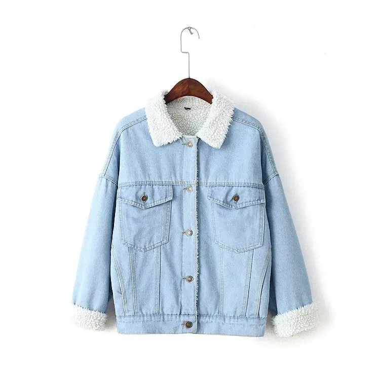

Fur Denim Jeans Jackets Spring Winter Blue Women Cotton Warm Soft Jacket Coat With Front Button Flap Pockets Ladies Outwear