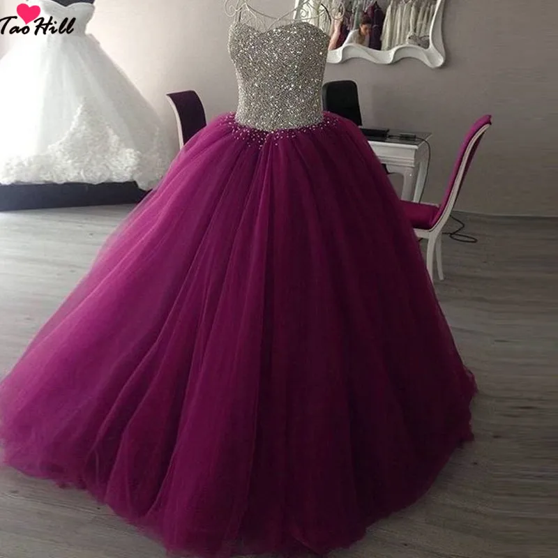 

TaoHill Vintage Ball Gown Evening Dresses 2019 Sweetheart Neck Luxury Beading and Crystals Purple Long Party Dress
