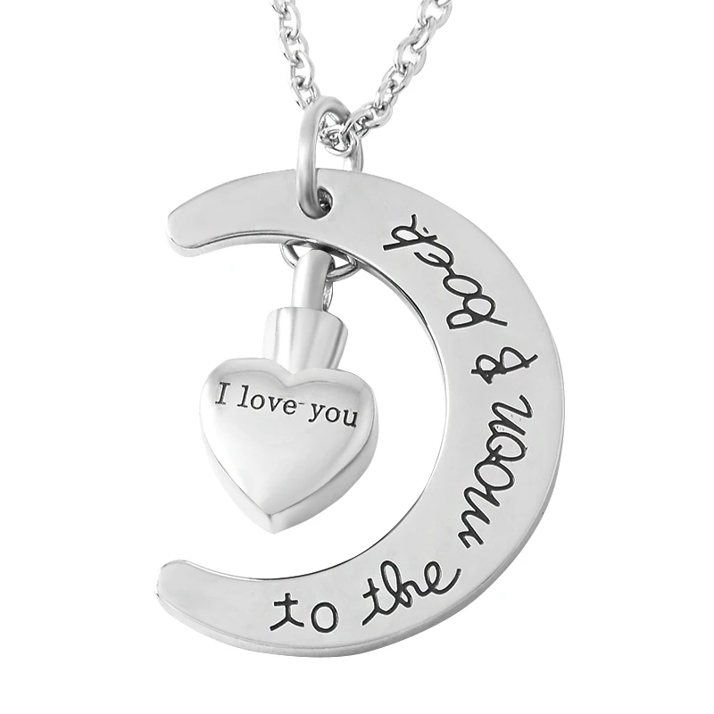 

IJD9497 Engraved I Love You Little Heart Urn Charm Moon Stainless Steel Cremation Keepsake Jewelry Hold Ashes Memorial Pendant