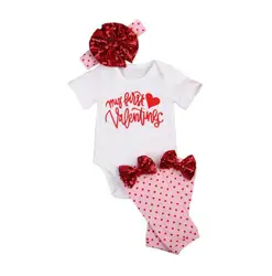 4 шт., одежда на День святого Валентина для новорожденных девочек, комбинезон с короткими рукавами и принтом в виде губ + головной убор +