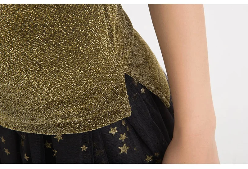 Детская одежда летние наряды для девочек комплект из двух предметов, топы с короткими рукавами+ сетчатая Юбка со звездами для девочек, Meisjes Kleding, 8, 10, 12, 14 лет