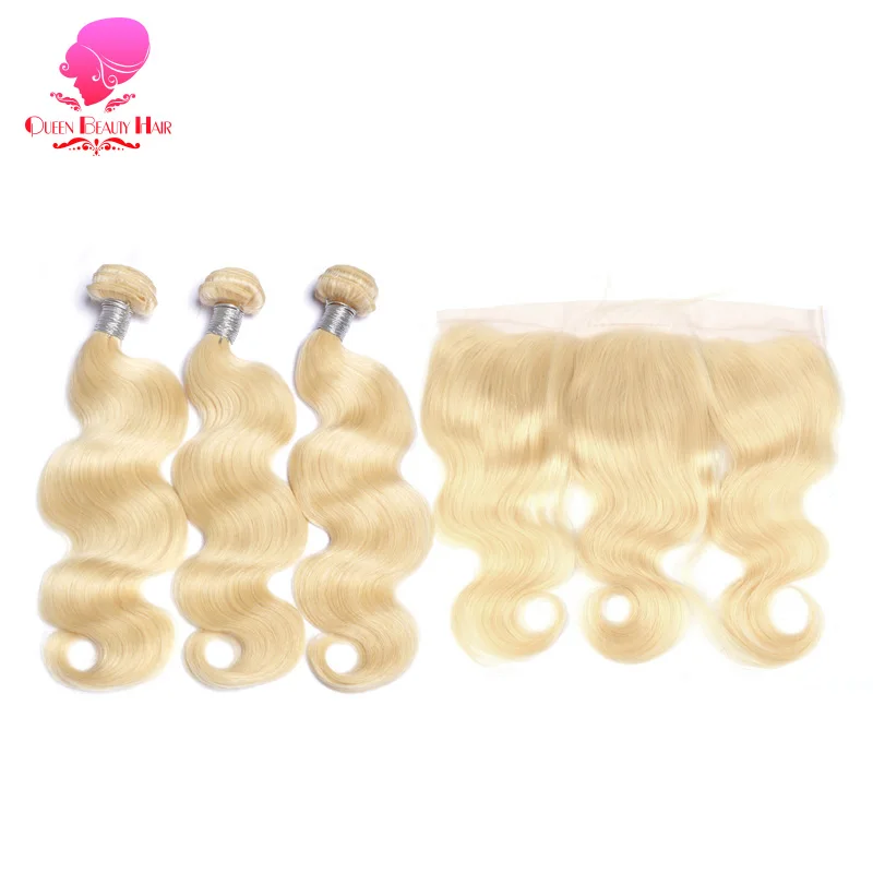 

QUEEN BEAUTY Lace Frontal with 3 Bundles 613 Honey Blonde Hair Weave Malaysian Body Wave Remy Human Hair Bundles with Frontal