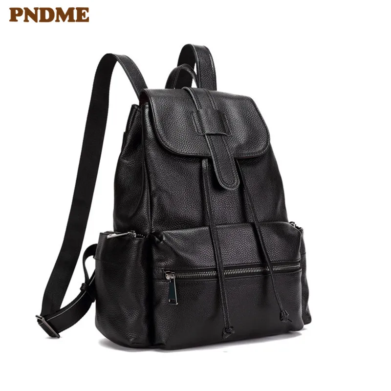 

PNDME casual simple top layer cowhide men's women's backpack waterproof soft genuine leather black daily travel bookbag bagpack