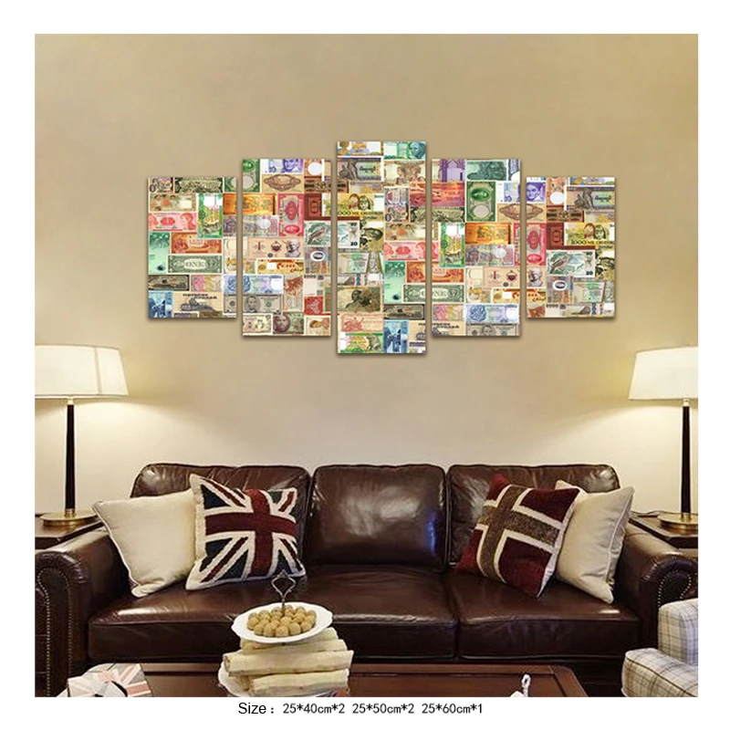 5 Pieces Canvas Painting Money On Canvas For Living Room Decoration