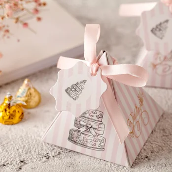 

50 Pcs European Style Pink Striped Paper Boxes Cake Triangular Pyramid Wedding Favors Candy Boxes Party Gift Box Chocolate Box