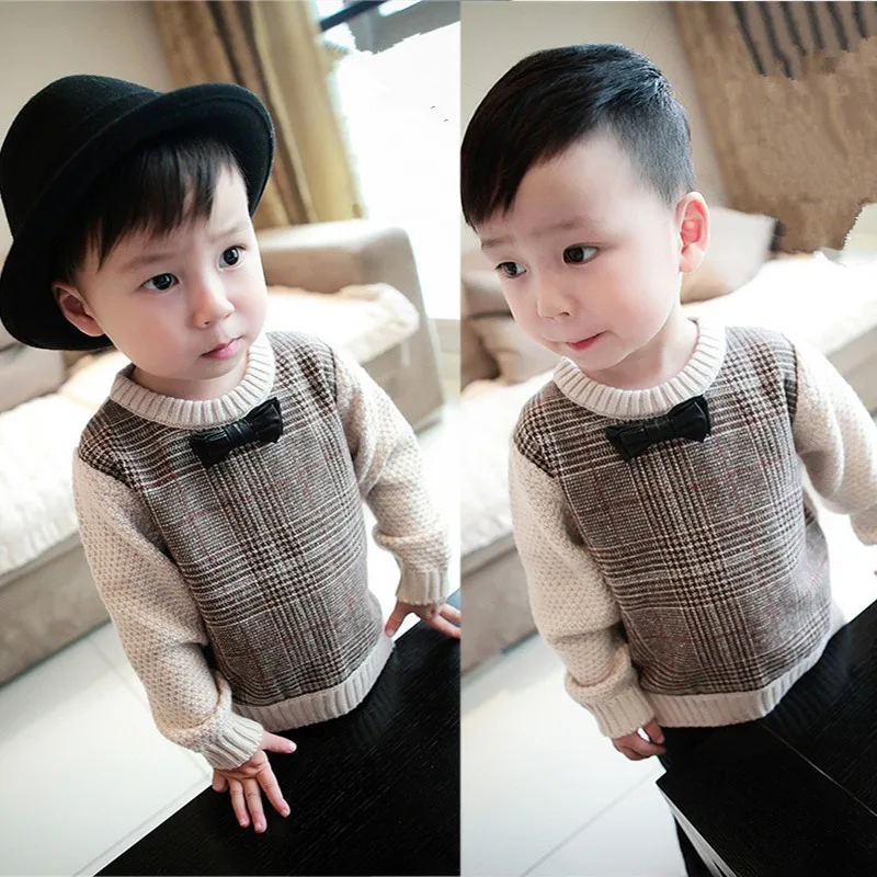 Детский свитер Осенний клетчатый с длинными рукавами и галстуком бабочкой для
