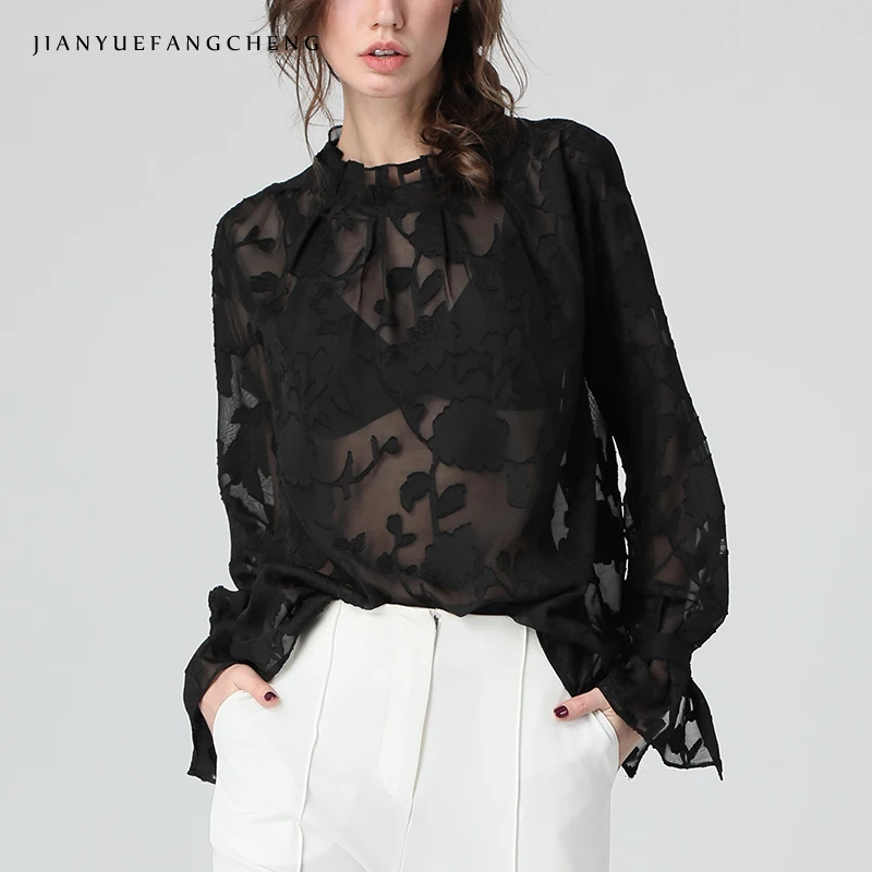 

Womens Transparent Chiffon Floral Blouse Ruffle Flared Long Sleeve Black Top With Bra Sexy Loose Plus Size Women Summer Blouses