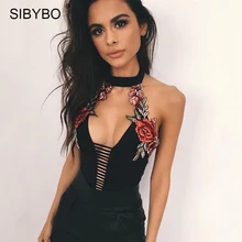 Sibybo Elegant Floral Bordir Bodysuit Wanita Halter Backless Musim Panas Jumpsuit Tops Sexy Berongga Out Rompers Pakaian Bermain Triko