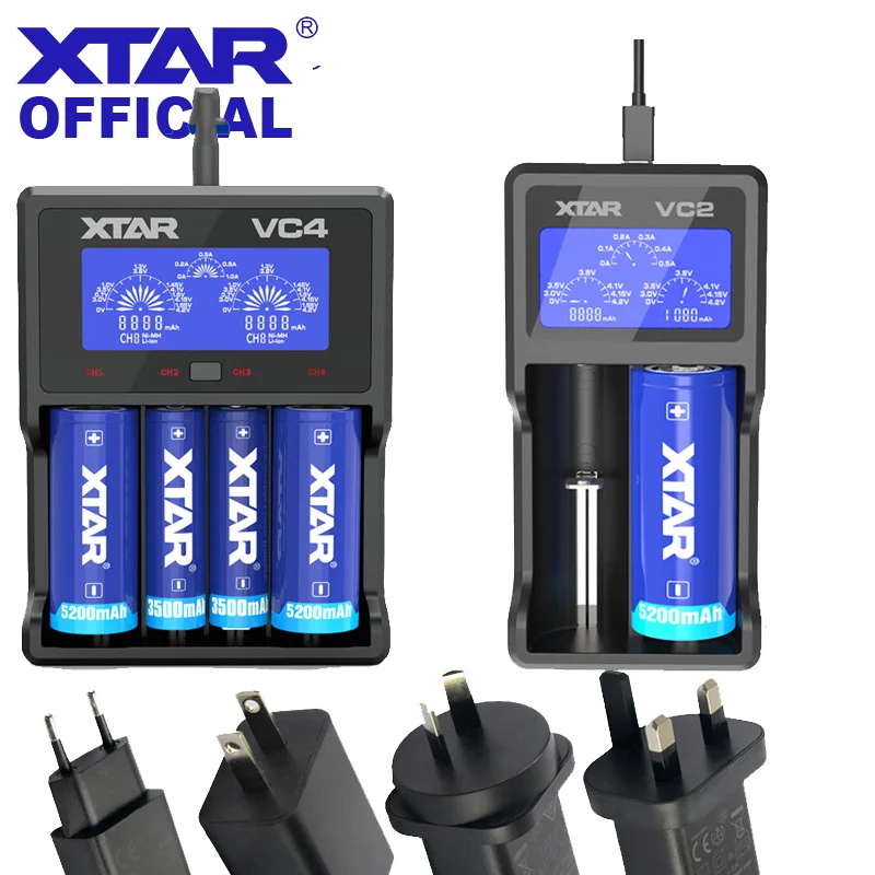 

XTAR VC4 Charger VC2 With Adapter LCD Screen Display Ni-MH/Ni-CD Li-ion USB Charger For AA AAA 21700 20700 18650 Battery Charger